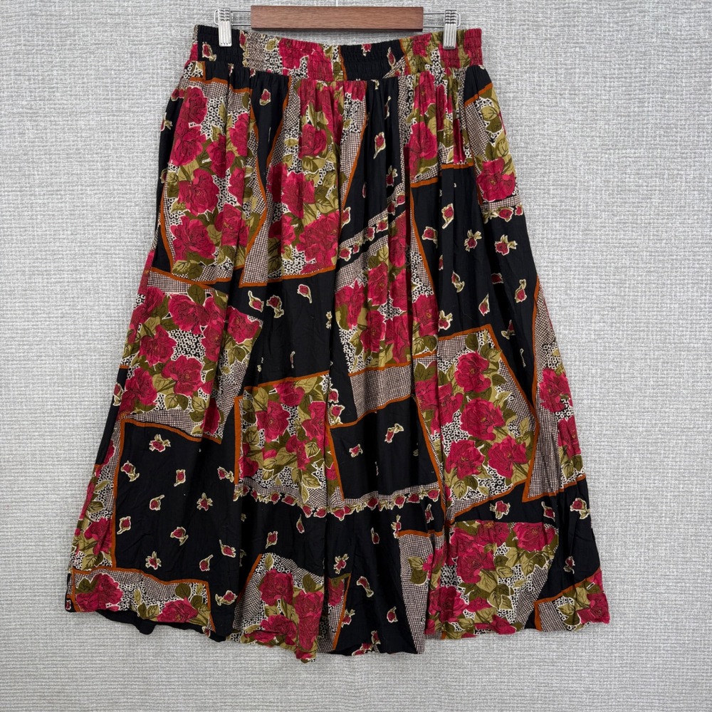 Vtg A.K.F. New York Maxi Skirt Women L Floral Patchwork Boho Made in USA